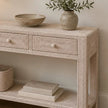 Wickham Rattan Large Rectangular Console Table, angled view of the console drawers and lower shelf