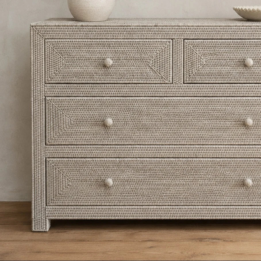 Wickham Rattan Large Rectangular Chest Of Drawers, close-up of the pale woven drawer fronts
