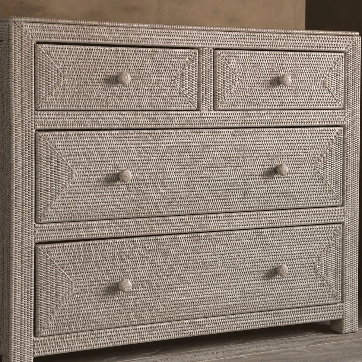Wickham Rattan Large Rectangular Chest Of Drawers, angled close-up of the woven chest and round knobs