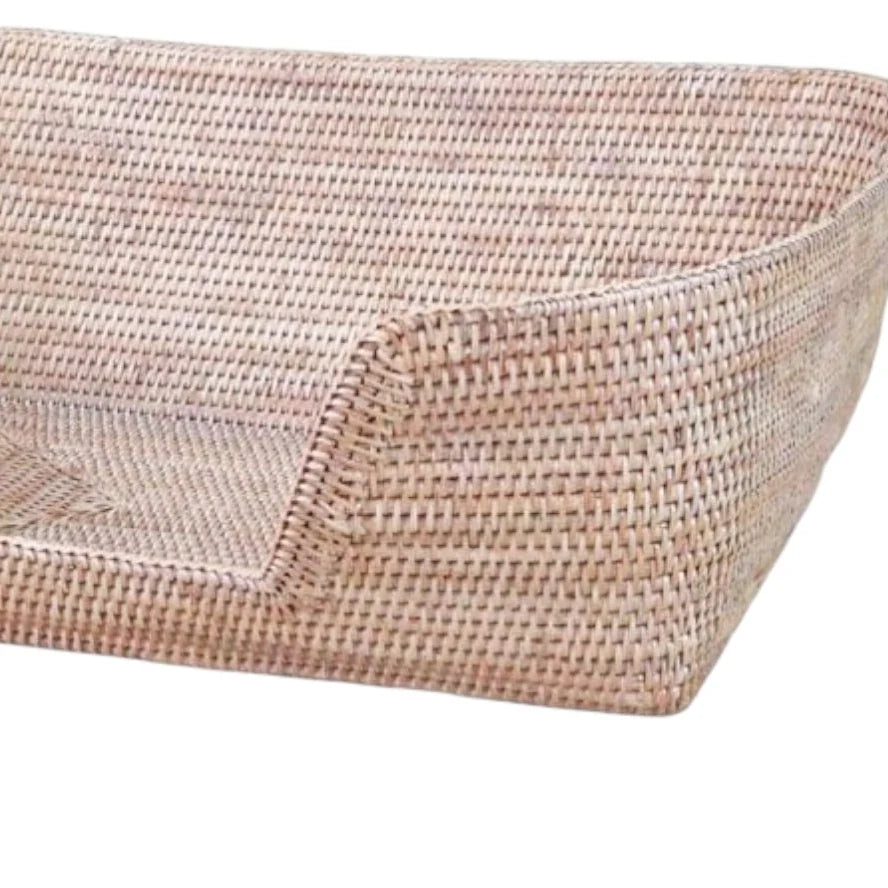 Wickham Rattan Rectangular Dog Bed, close-up of the woven bed's lowered front edge