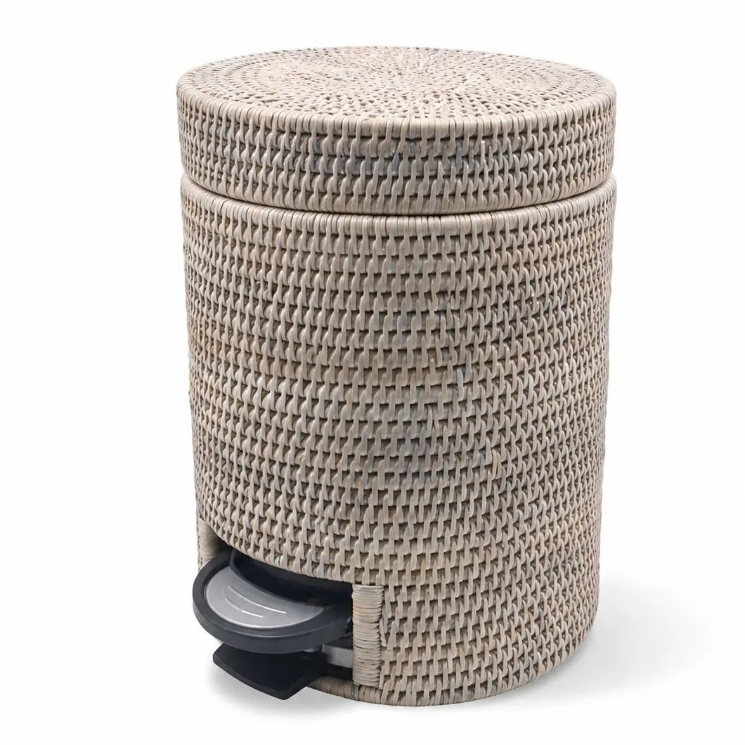 Wickham Rattan Round Pedal Waste Paper Bin, full view of the woven pedal bin on white