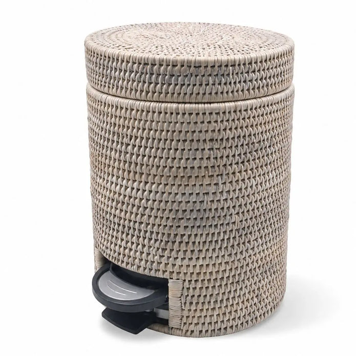 Wickham Rattan Round Pedal Waste Paper Bin, full view of the woven pedal bin on white