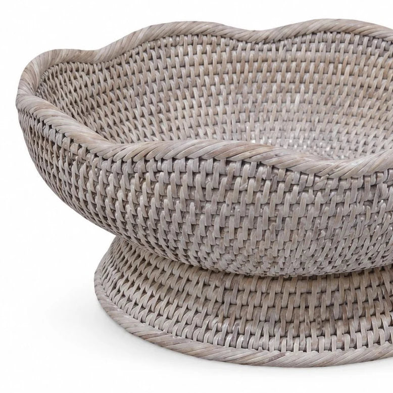 Wickham Rattan Scalloped Footed Fruit Bowl, empty scalloped woven footed bowl on white