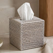 Wickham Rattan Square Tissue Box, woven square tissue box beside a wooden bathroom cabinet