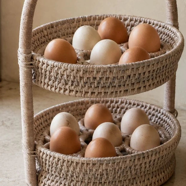 Wickham Rattan Two Tier Egg Basket, close-up of eggs on both woven tiers