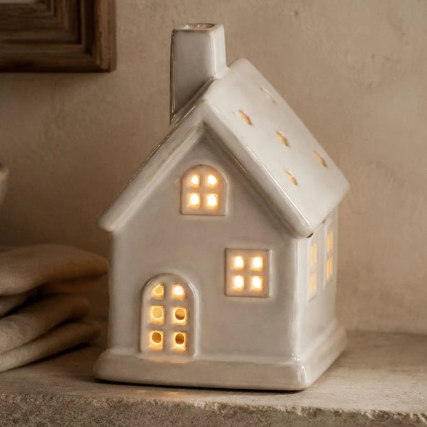 Neutral Ceramic Light Up LED House, close-up of the illuminated windows and cream ceramic roof