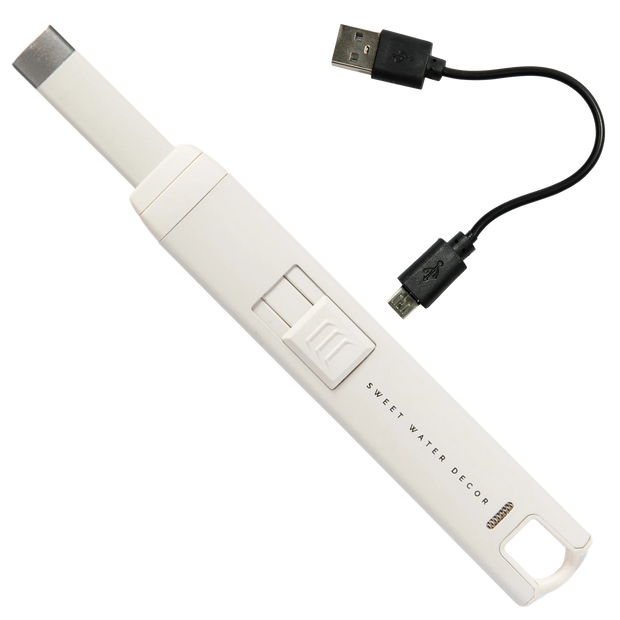 Electric Rechargeable Candle Lighter - White, white rechargeable candle lighter beside a black USB cable