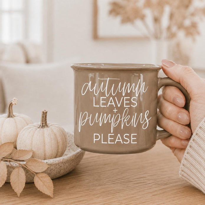 Beige Ceramic Autumn Leaves and Pumpkin Please Coffee Mug