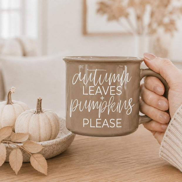 Beige Ceramic Autumn Leaves and Pumpkin Please Coffee Mug