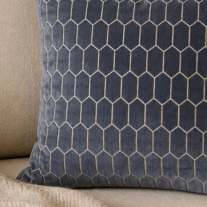 Navy Blue Velvet Honeycomb Print Cushion Cover, close-up of the navy velvet and pale honeycomb outlines