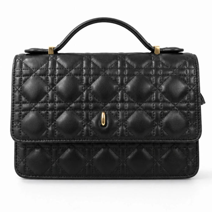 Black quilted Jamie Bags crossbody bag with top handle and zip closure, stylish accessories for everyday use.