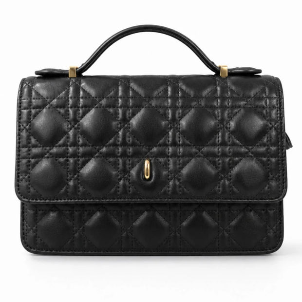 Black Quilted Top Handle Crossbody Bag with Zip Closure, black quilted bag with a top handle and gold-coloured clasp