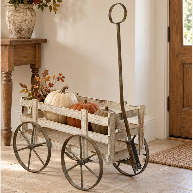 Wooden Market Flower Cart, rustic wooden cart with pumpkins in a hallway
