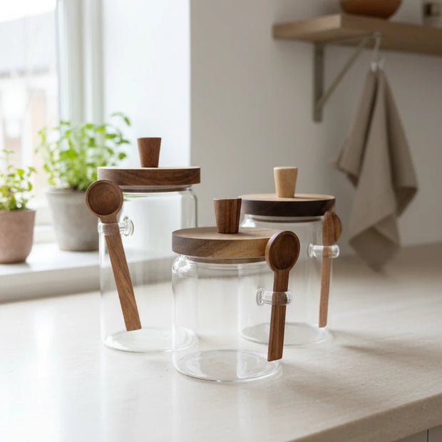 Glass jars with wooden lids on country kitchen counter