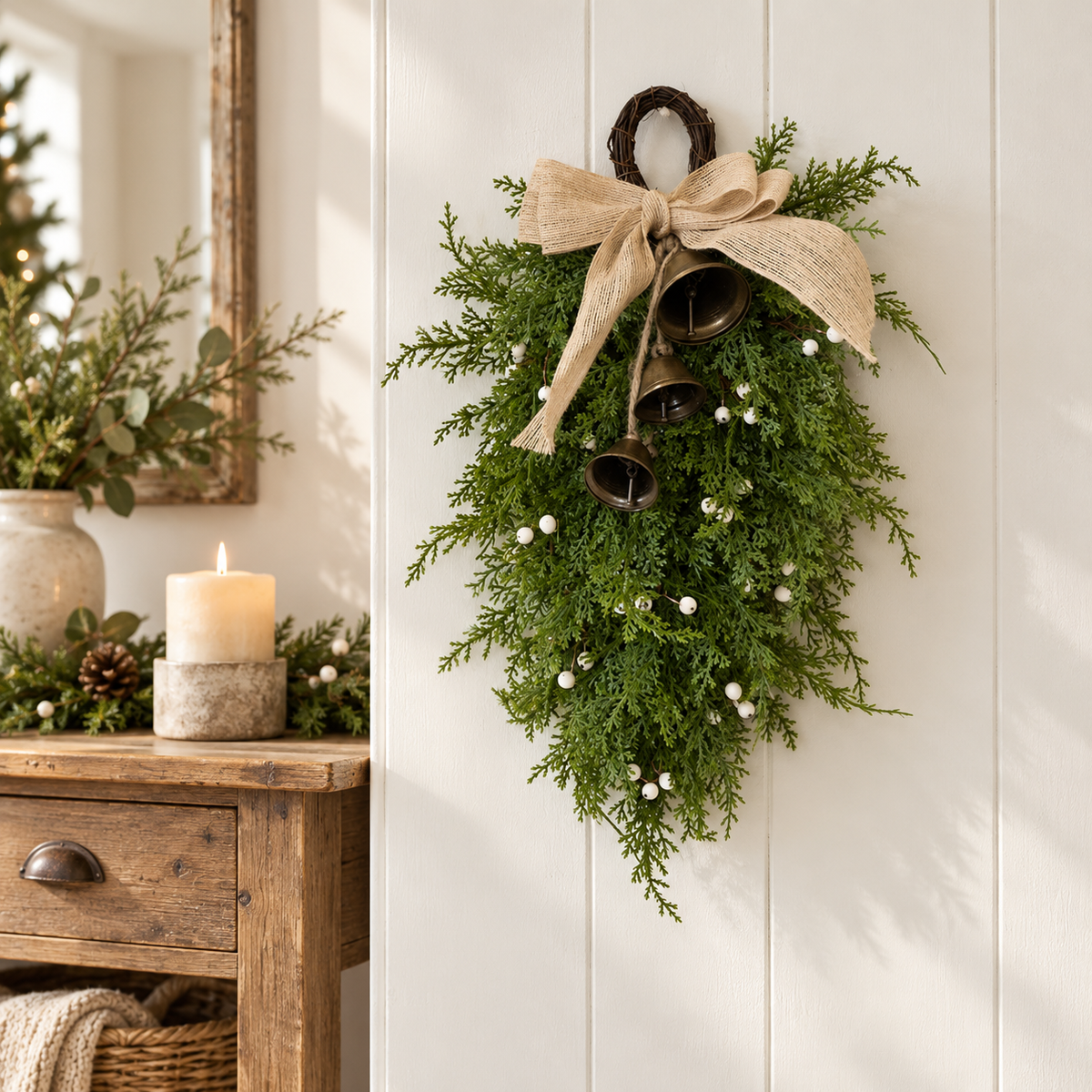 Spruce Christmas Hanging Swag with Hessian Bow