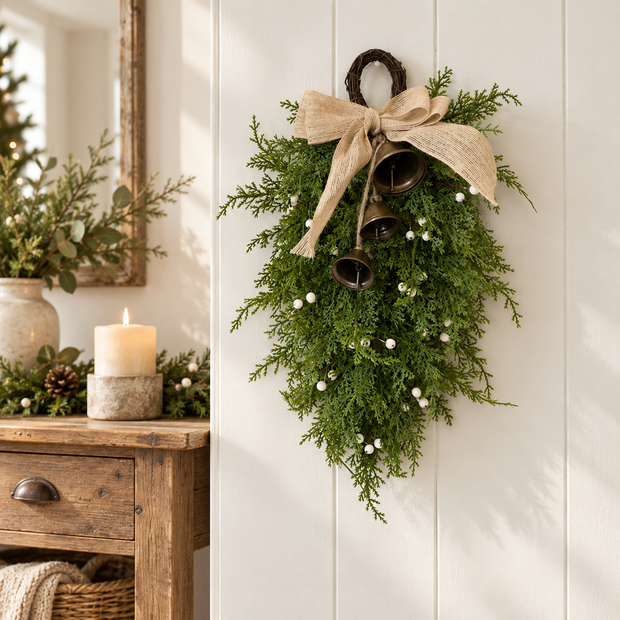 Hanging Christmas swag with white berries and a hessian bow beside a wooden console