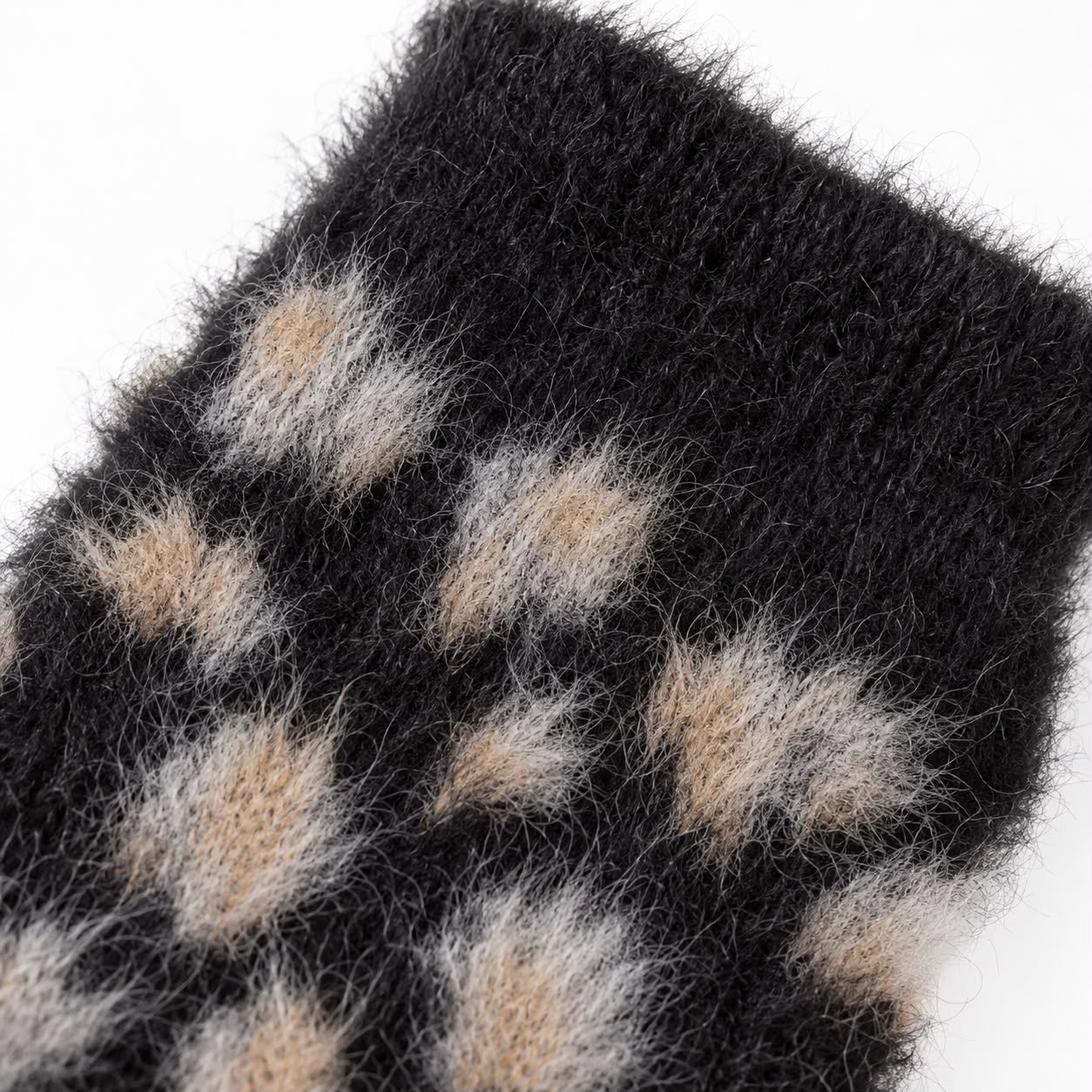 Black Leopard Fluffy Knit Fingerless Gloves