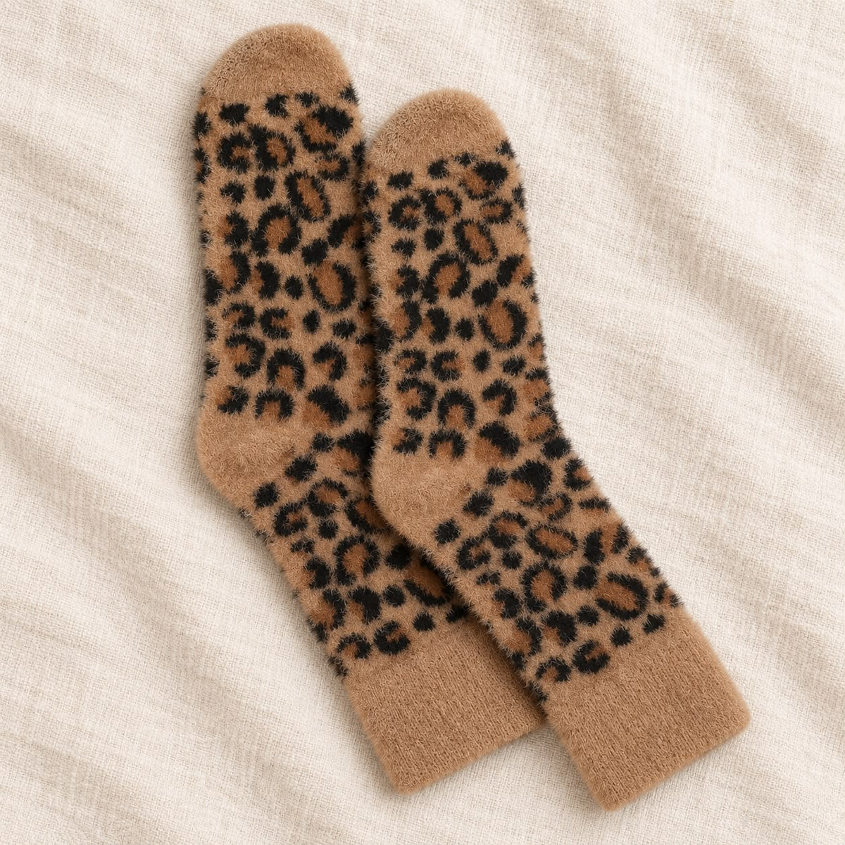 Tan Fluffy Leopard Print Socks
