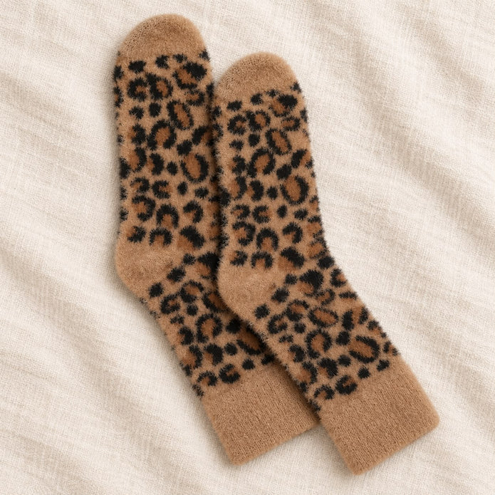 Tan Fluffy Leopard Print Socks