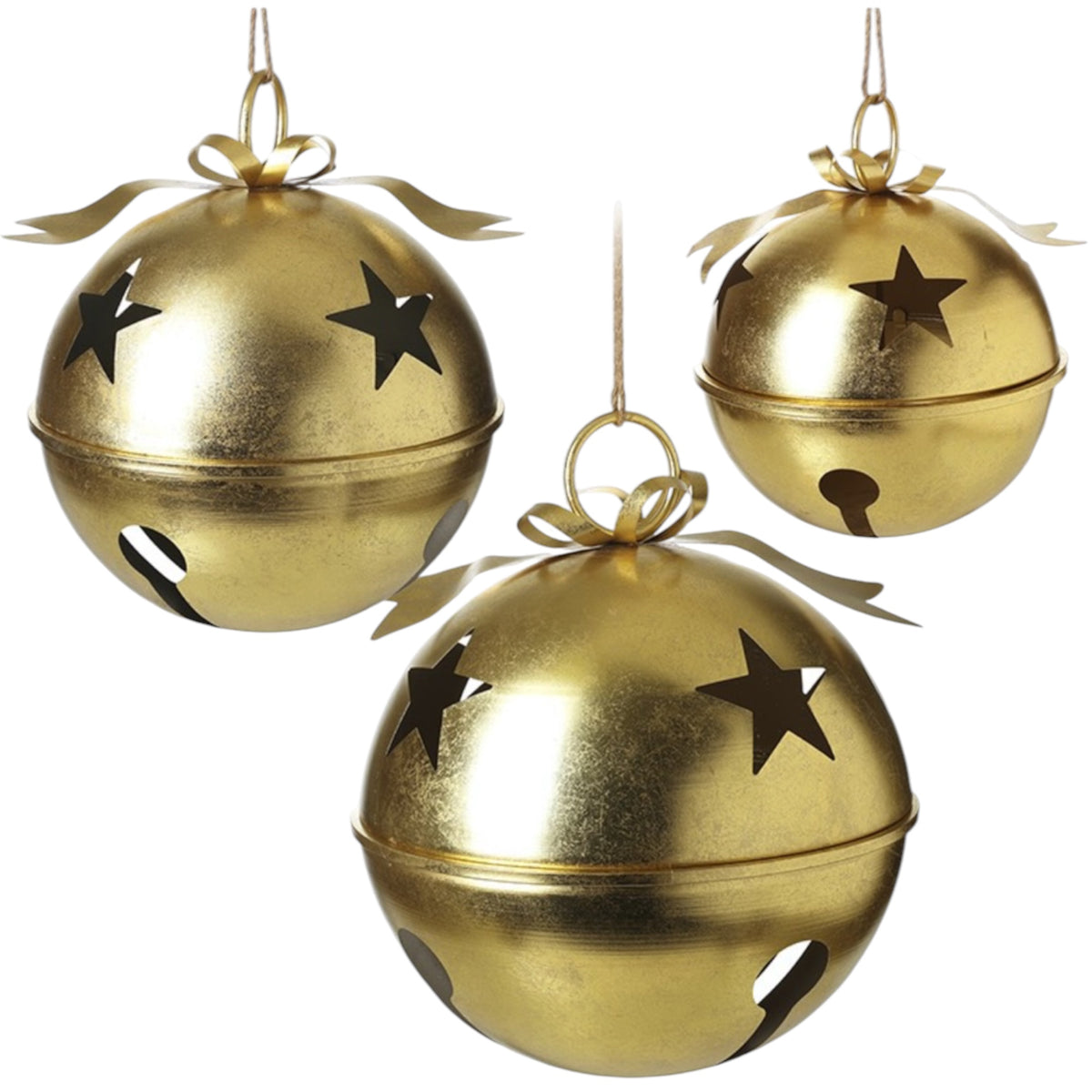 Gold Metal Hanging Bell With Cut Out Stars, three gold bells with bow details on white