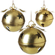 Gold Metal Hanging Bell With Cut Out Stars, three gold bells with bow details on white