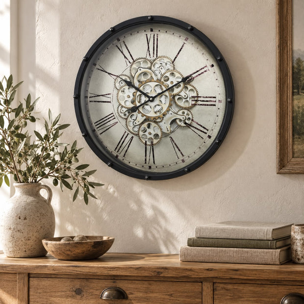 Black Frame Mechanical Skeleton Clock, black-framed skeleton clock above a wooden console