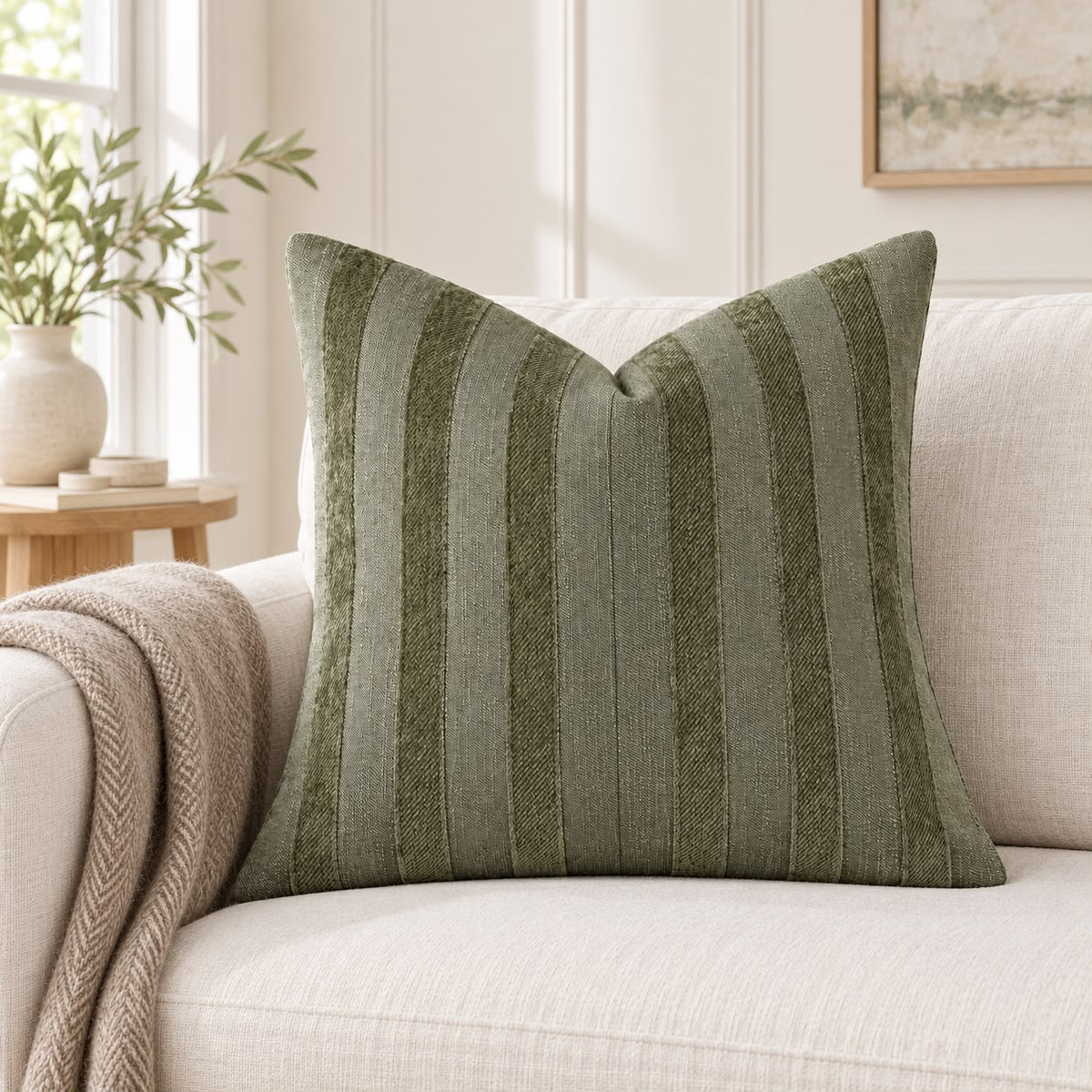 Olive Green Textured Stripe Velveteen Cushion Cover