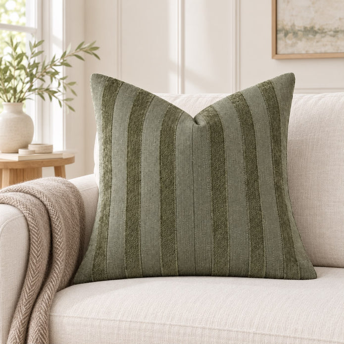 Olive Green Textured Stripe Velveteen Cushion Cover