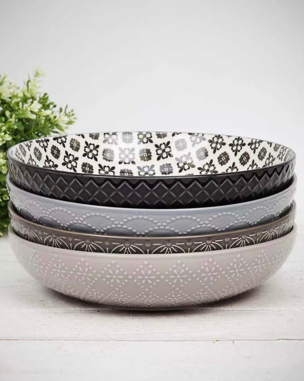 Patterned Nordic Monochrome Pasta Bowls - Set of Four