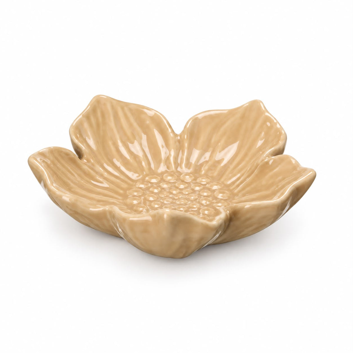 Large beige flower trinket dish on white