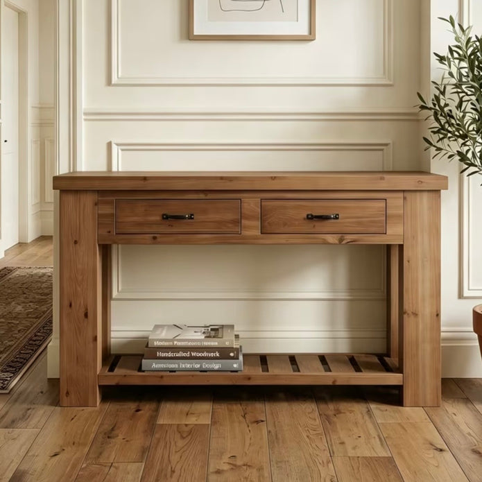 Rustic Natural Large Wood Two Drawers Console Table