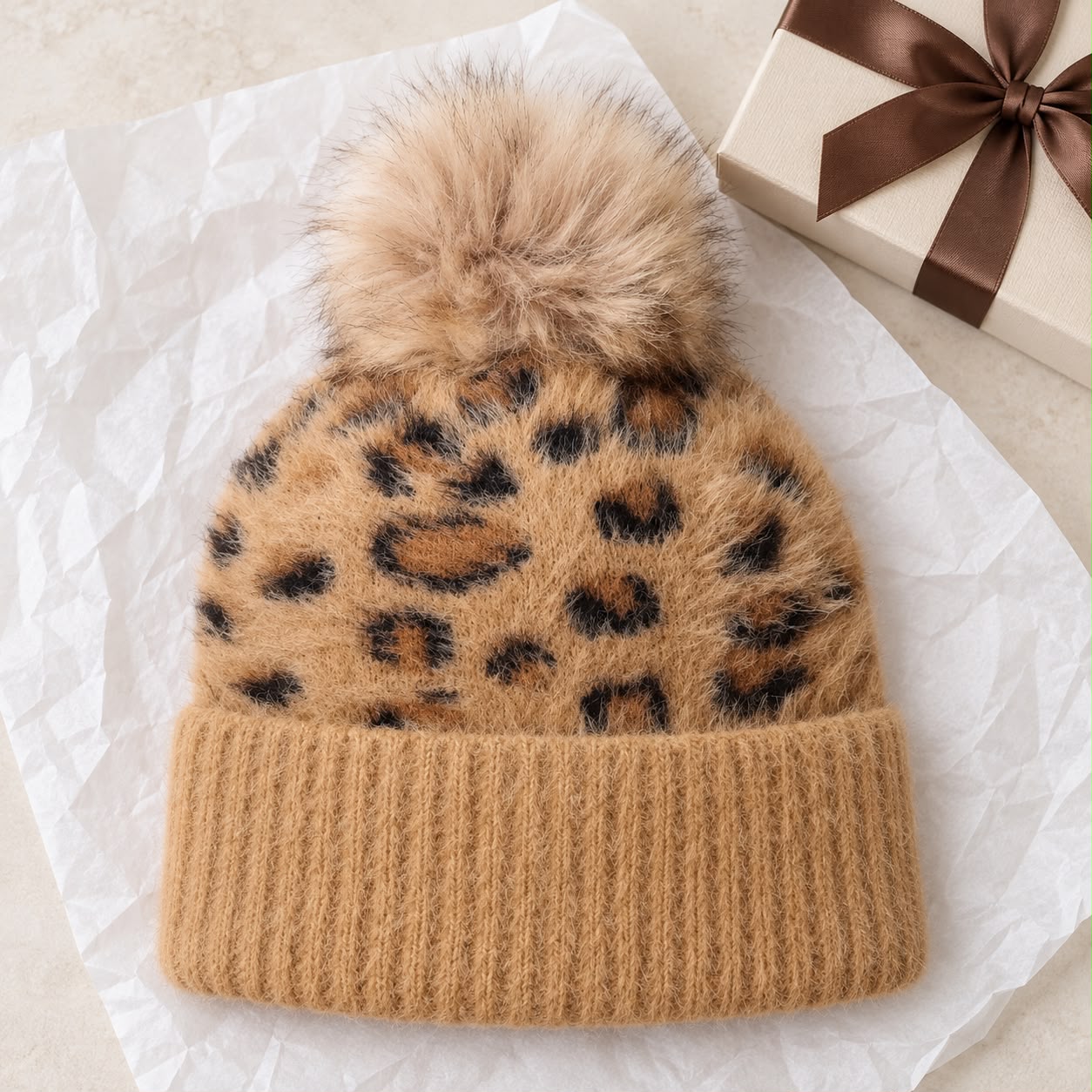 Tan Leopard Print Fluffy Bobble Hat