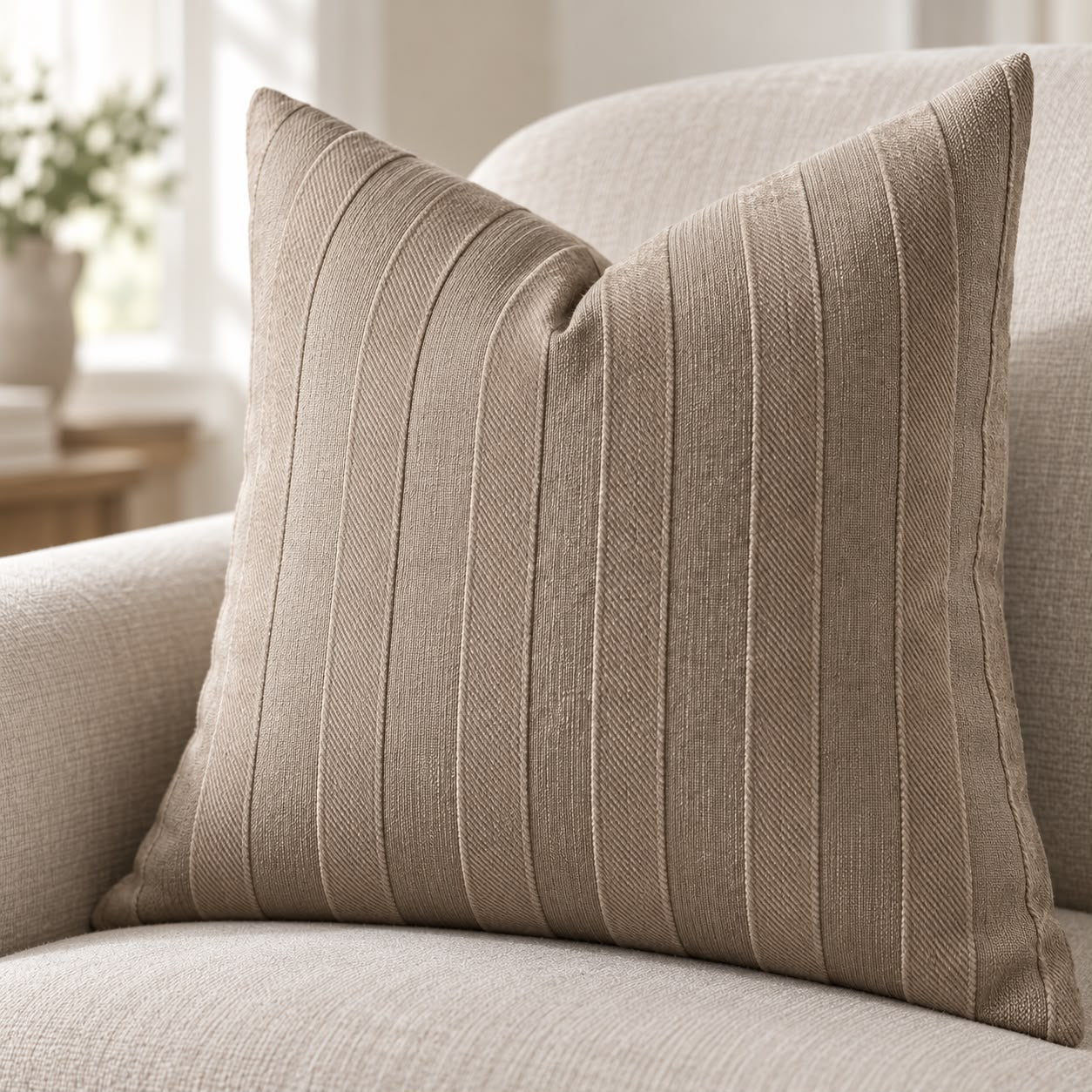 Beige Textured Stripe Velveteen Cushion Cover