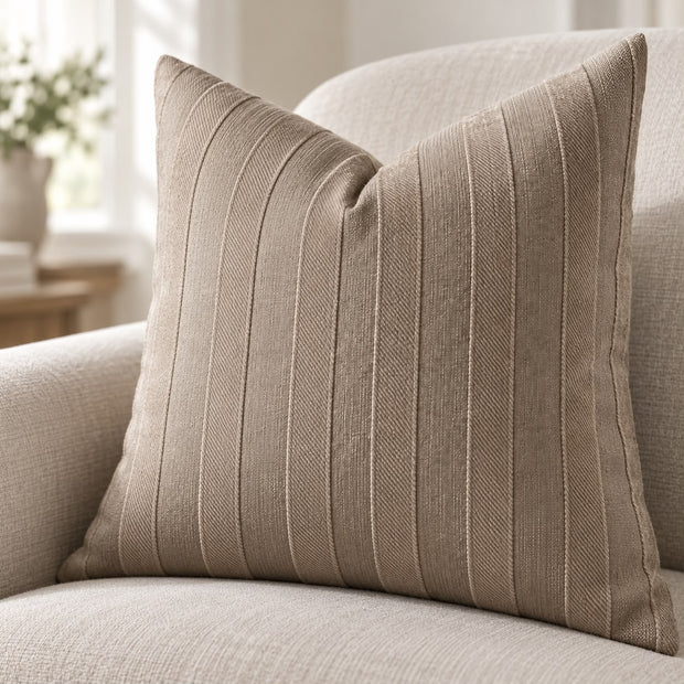 Beige Textured Stripe Velveteen Cushion Cover, close-up of the beige striped cushion on a cream seat