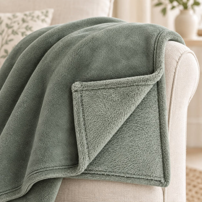 Sage Green Luxury Snuggle Blanket Throw, close-up of the sage green throw on a sofa arm