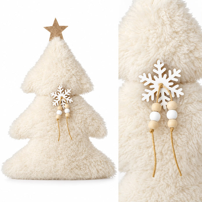 Fluffy Tree With Gold Star, full tree and close-up of the snowflake and bead decoration
