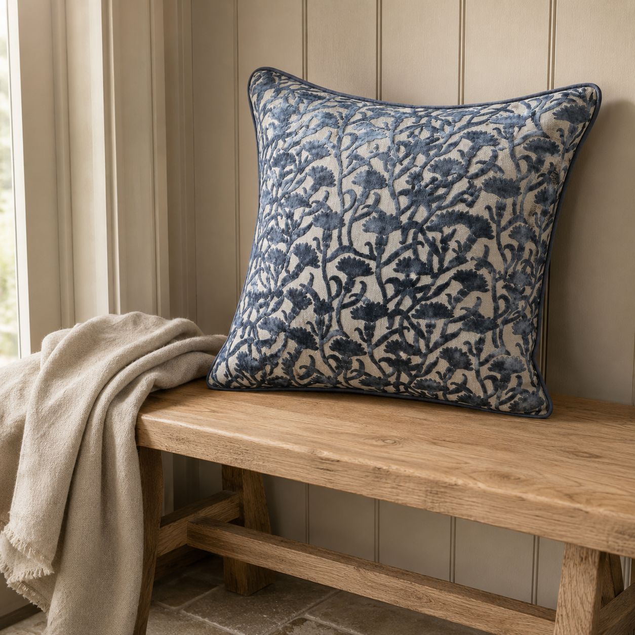 Navy Blue Velvet Floral Print Cushion Cover