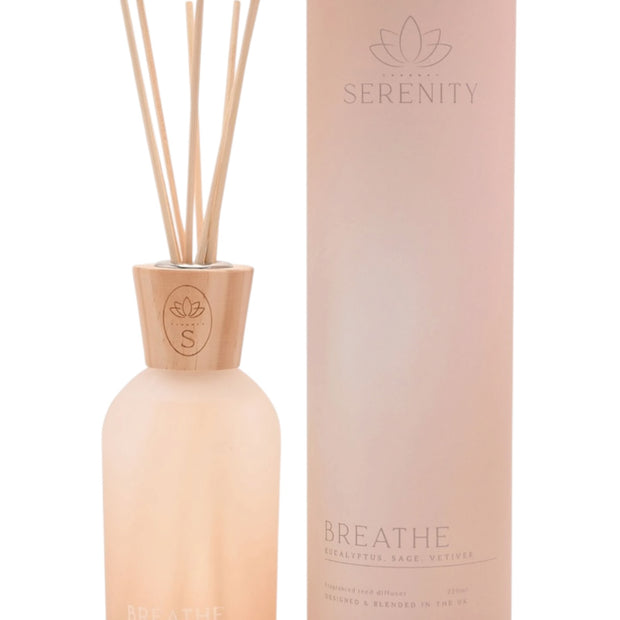 Serenity Breathe Reed Diffuser 220ml Eucalyptus Sage & Vetiver, peach diffuser bottle with reeds beside its pink tube against white