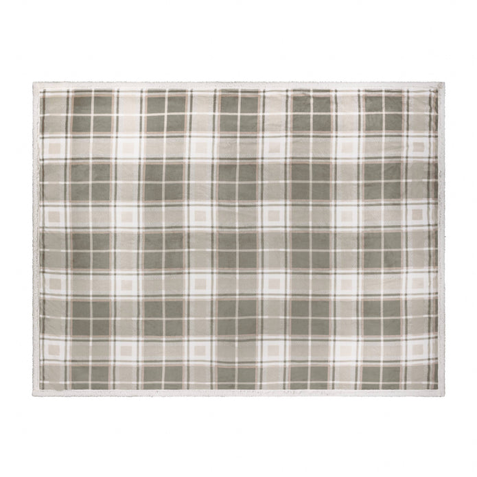 Riva Home Braemar check sherpa fleece throw in green and natural tones