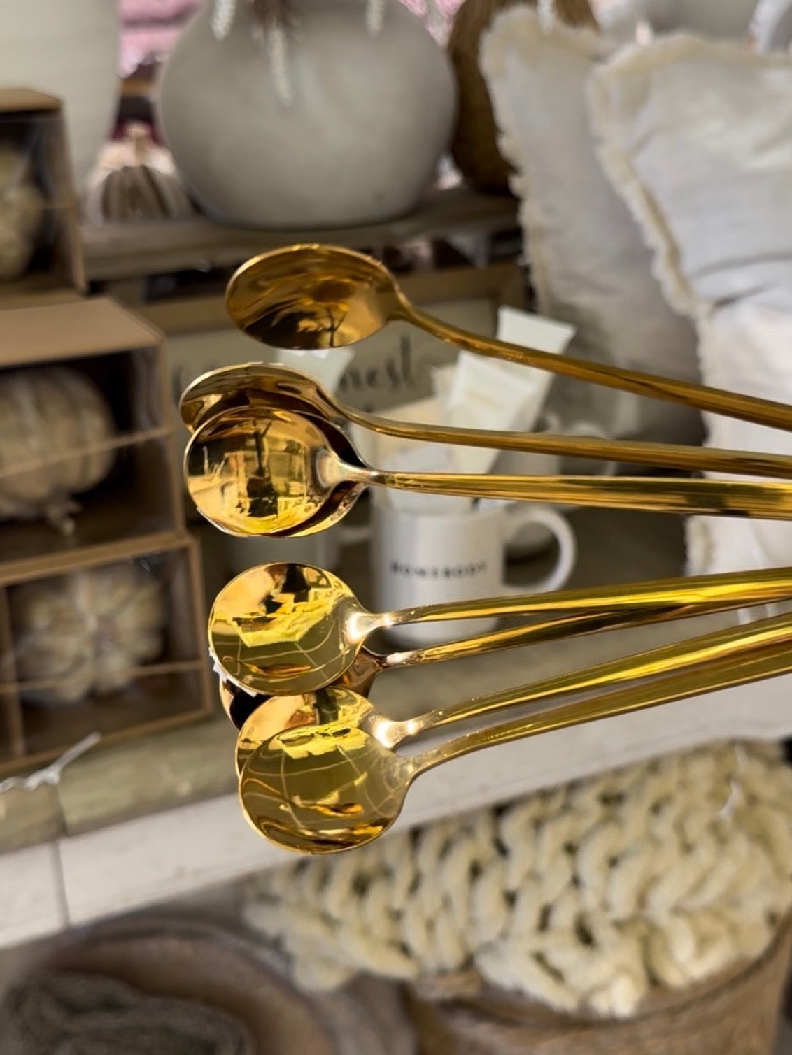 Gold round long latte spoon from Starlight Express, stainless steel kitchen utensil for stirring coffee or tea in a stylish design.