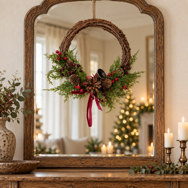 Medium Christmas Twig Wreath with red berries, pinecones, bells, and a bow, by Satchville, decorative holiday door or wall decor