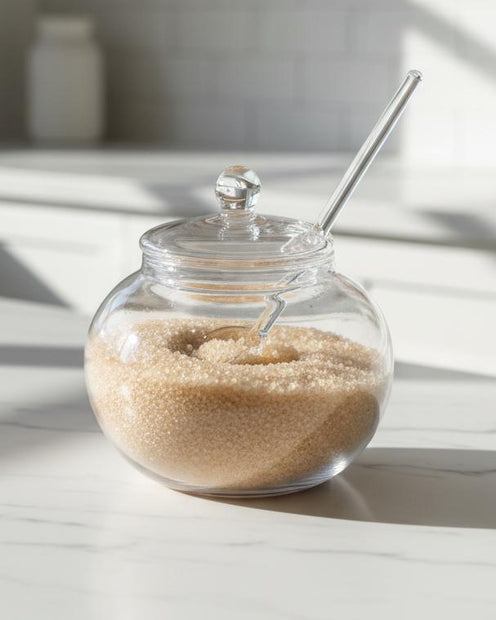 Glass Sugar Or Honey Pot And Spoon, clear round glass sugar pot with lid and spoon, filled with sugar