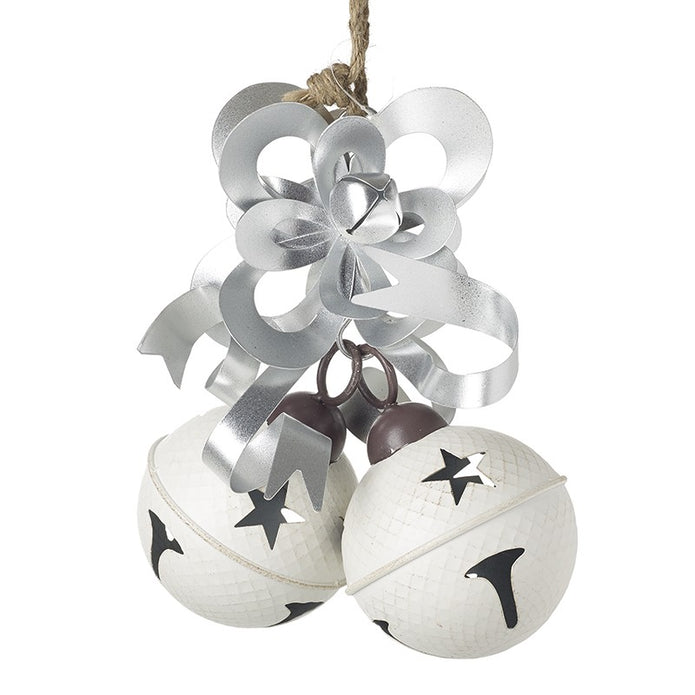 Large Hanging White Bells Garland With Silver Bow, white bells with a silver bow and rope hanger on white