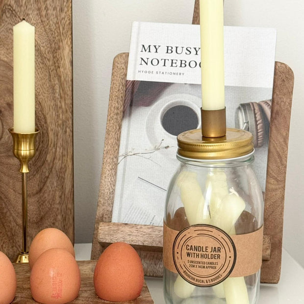 Ivory Candles In A Glass Storage Jar And Holder, jar of ivory candles with a taper fitted in the lid