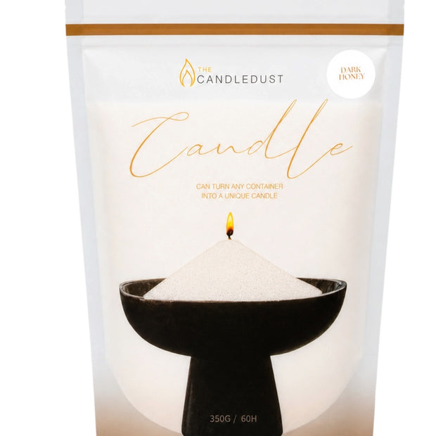 White Scented Candle Sand Kit – Dark Honey, front view of the white candle-sand pouch with gold trim