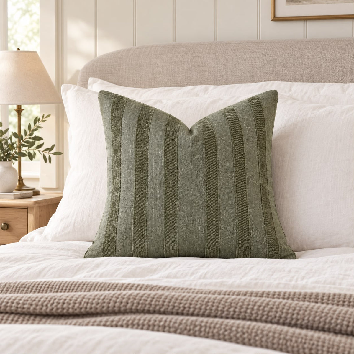 Olive Green Textured Stripe Velveteen Cushion Cover