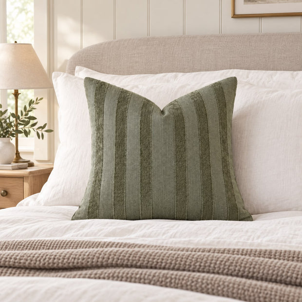 Olive Green Textured Stripe Velveteen Cushion Cover, olive green striped cushion against cream bed pillows