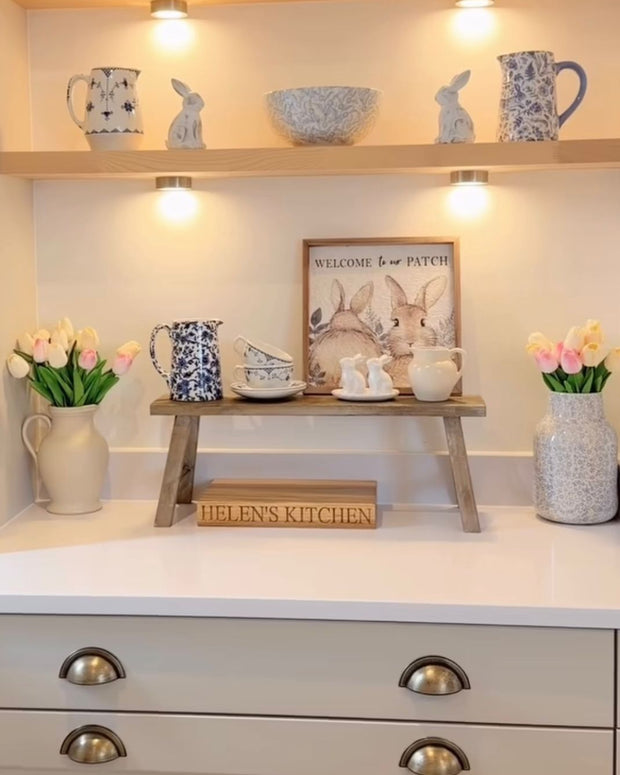 Natural wooden rustic display bench and riser by Gisela Graham, shown in small and large sizes, ideal for home decor displays.