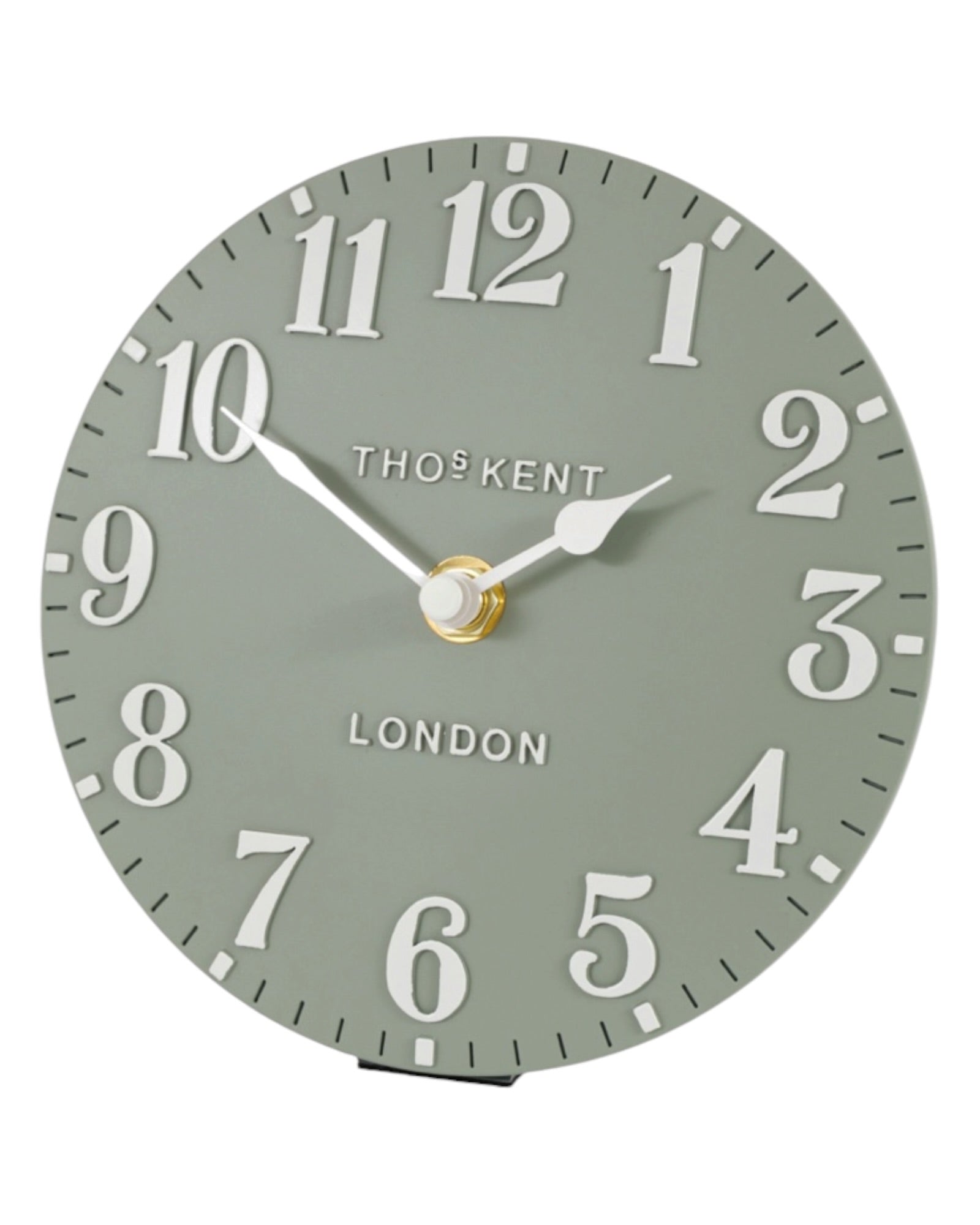 Gallery Direct Thomas Kent 6-inch Arabic mantle clock in seagrass green with a classic design and Arabic numerals.