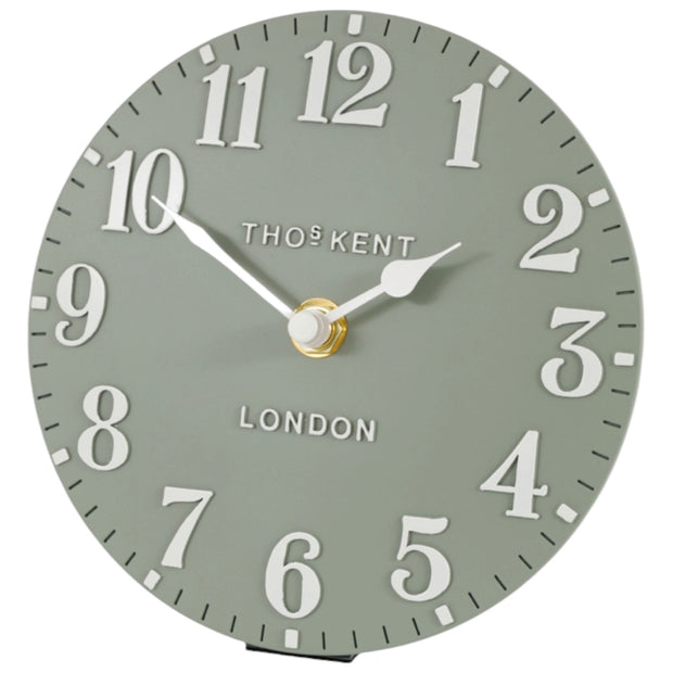 Gallery Direct Thomas Kent 6-inch Arabic mantle clock in seagrass green with a classic design and Arabic numerals.